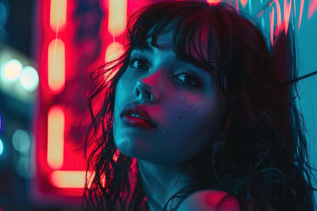 A woman standing in front of a neon sign