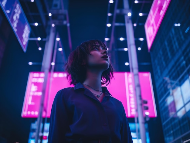 Photo a woman standing in front of neon signs at night