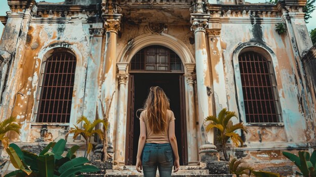 Photo a woman standing in front of an old building