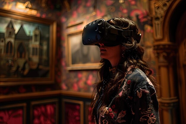 Foto una donna in piedi davanti a un dipinto che indossa un auricolare virtuale
