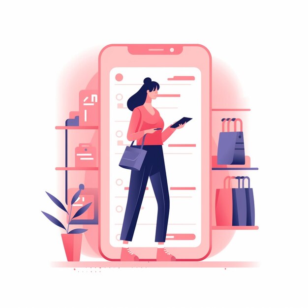 Photo a woman standing in front of a phone with a bag and a purse generative ai