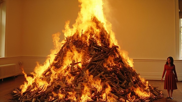 a woman standing in front of a pile of fire