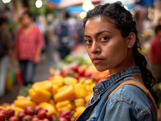 A woman standing in front of a pile of vegetables