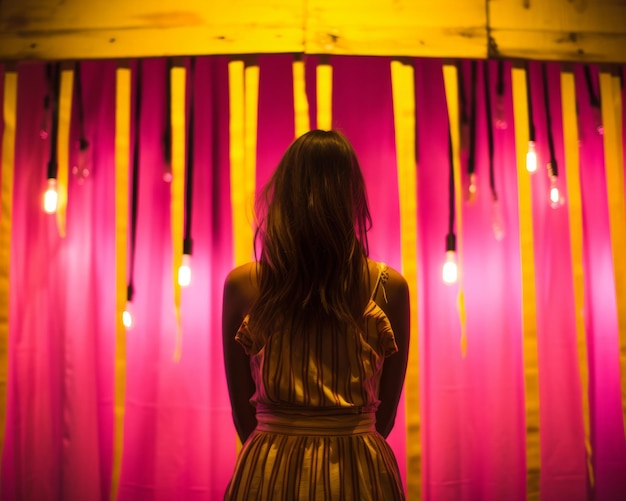 a woman standing in front of a pink curtain