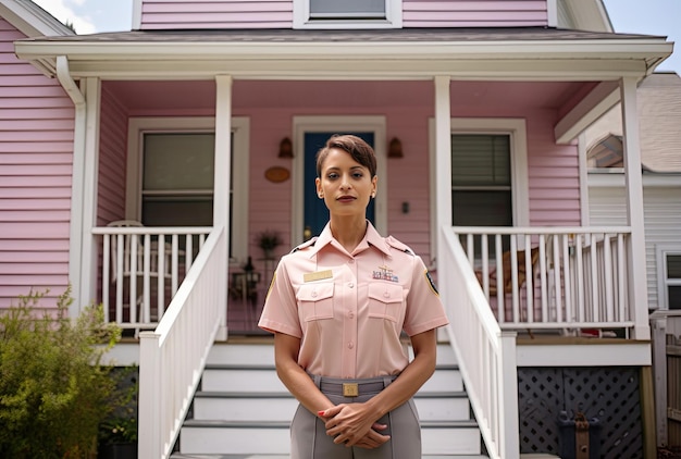 A woman standing in front of a pink house