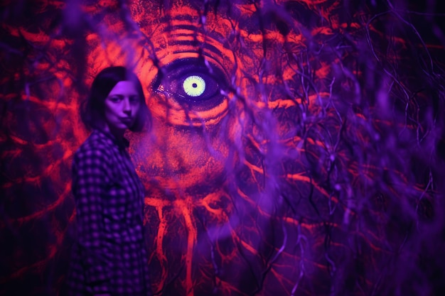 Photo a woman standing in front of a purple light