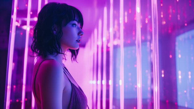 A woman standing in front of purple neon lights