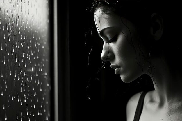 Woman Standing in Front of RainCovered Window