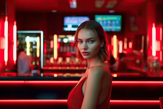 A woman standing in front of a red bar