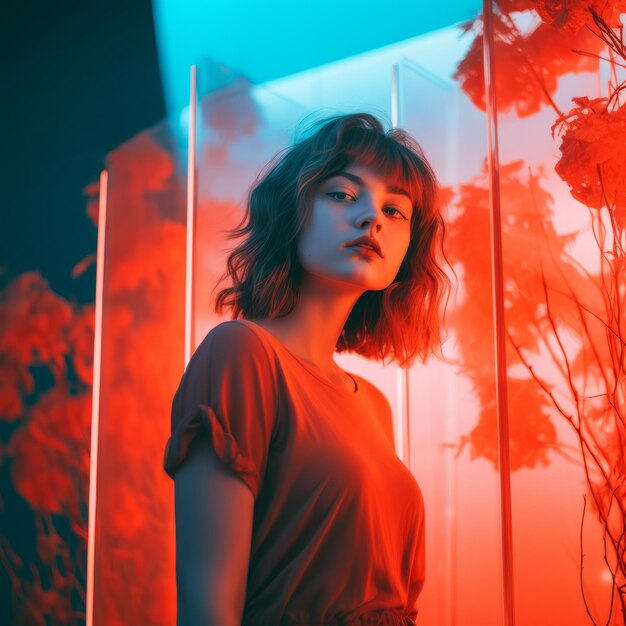 a woman standing in front of red and blue lights