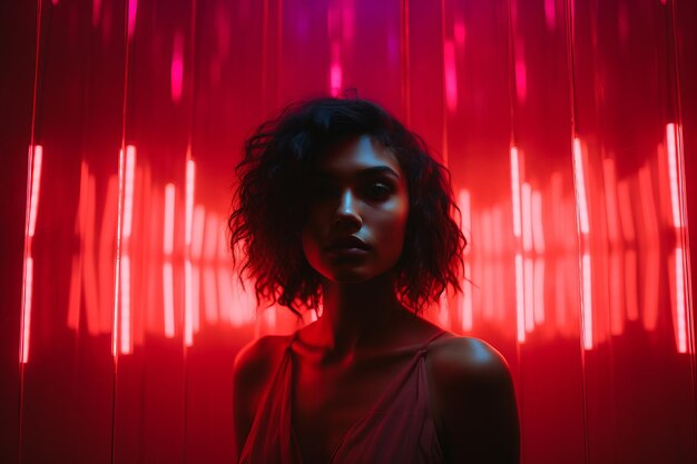 A woman standing in front of red neon lights