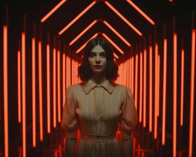 a woman standing in front of red neon lights