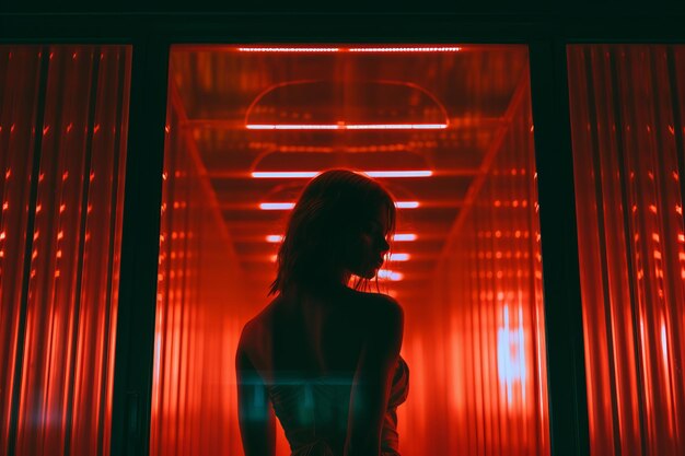 a woman standing in front of a red neon sign