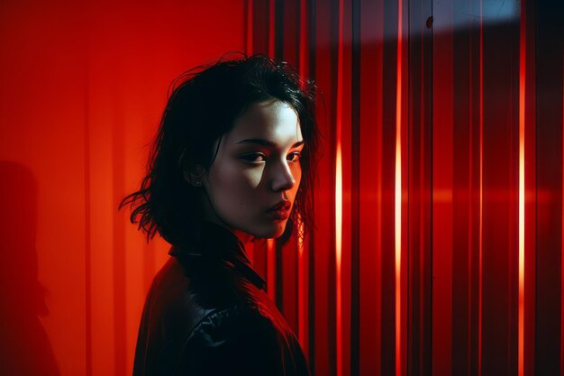 A woman standing in front of a red wall