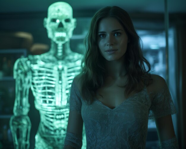 Photo a woman standing in front of a skeleton