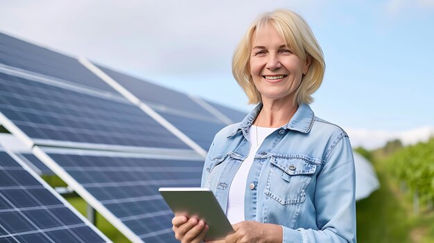 Woman Standing in Front of Solar Panel Generative AI