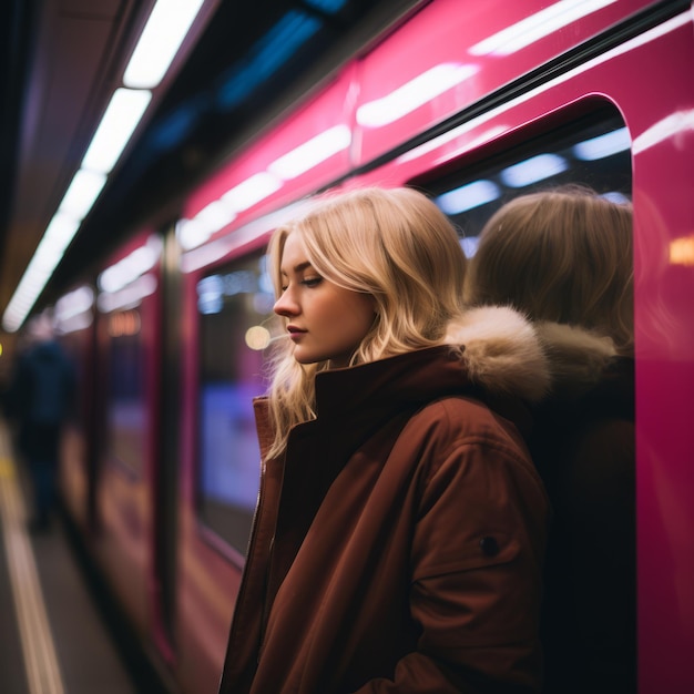 Photo a woman standing in front of a subway train