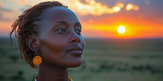 Женщина стоит перед закатом солнца