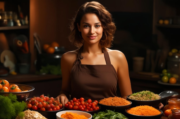 Foto donna in piedi davanti al tavolo del cibo ai generativa