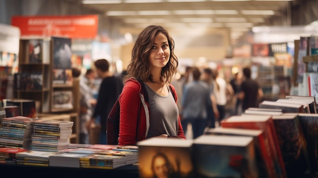 Foto donna in piedi davanti a un tavolo pieno di libri giornata mondiale del libro