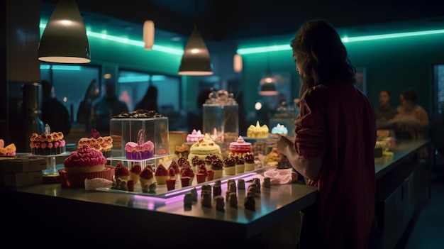 A woman standing in front of a table full of cupcakes.