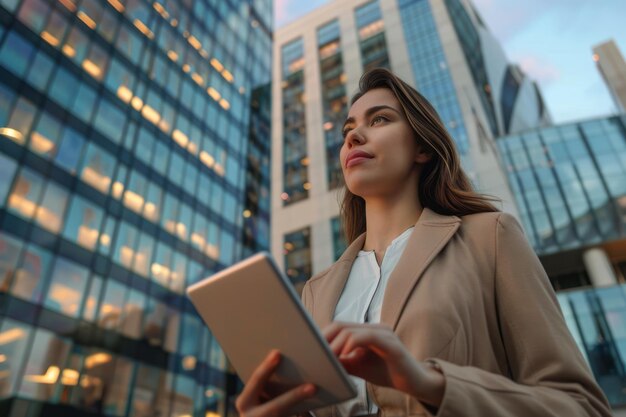 Woman Standing in Front of Tall Buildings Holding a Tablet