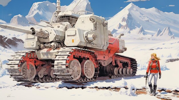 A woman standing in front of a tank in the snow Generative AI