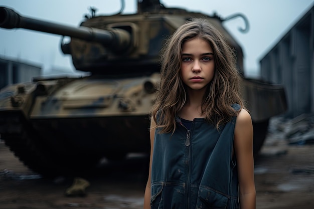 A woman standing in front of a tank