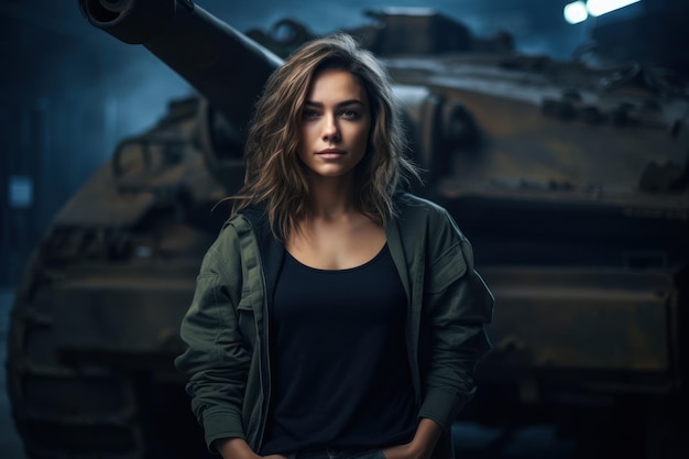 a woman standing in front of a tank