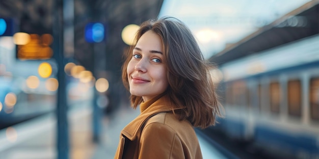 a woman standing in front of a train generative ai