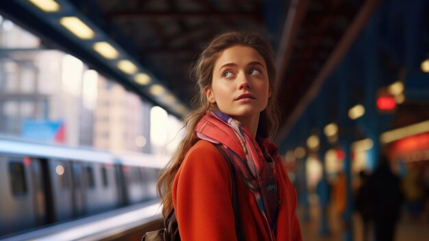 Photo woman standing in front of train at train station perfect for transportationthemed projects or illustrating hustle and bustle of travel