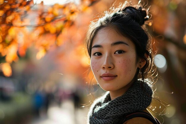 Photo a woman standing in front of a tree wearing a scarf