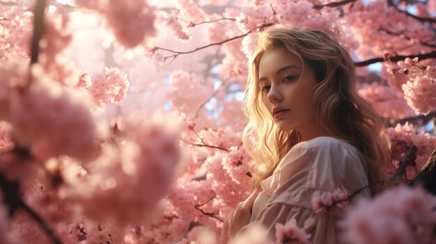 Photo woman standing in front of tree with pink flowers