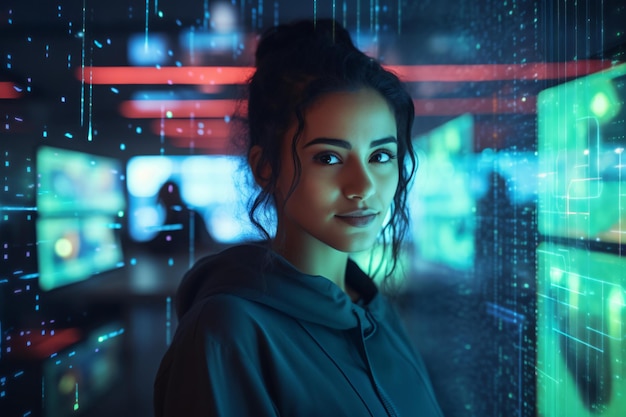 A woman standing in front of a vibrant wall of neon lights