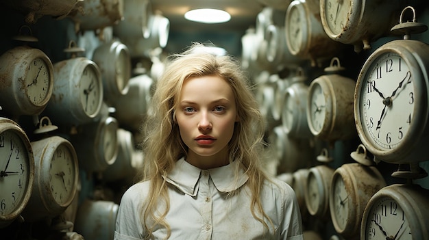 A woman standing in front of a wall of clocks