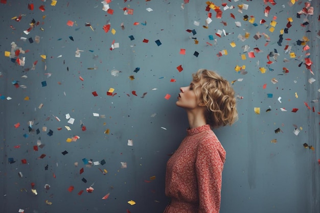 Foto una donna in piedi davanti a un muro coperto di confetti