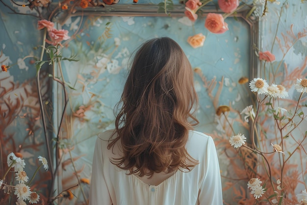 A woman standing in front of a wall covered in flowers