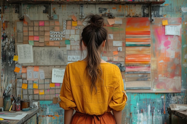 Woman standing in front of wall covered in papers