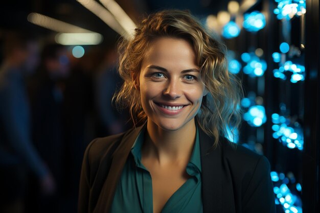 Woman Standing in Front of Wall of Lights