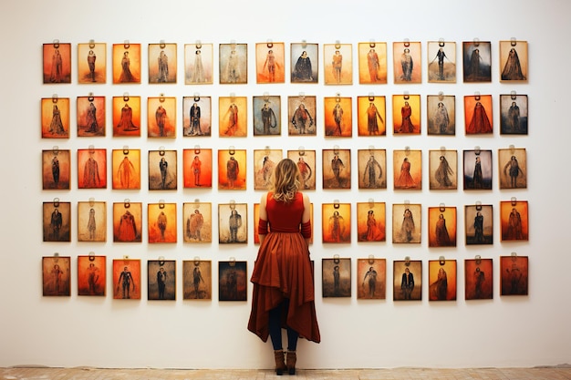 A woman standing in front of a wall of pictures