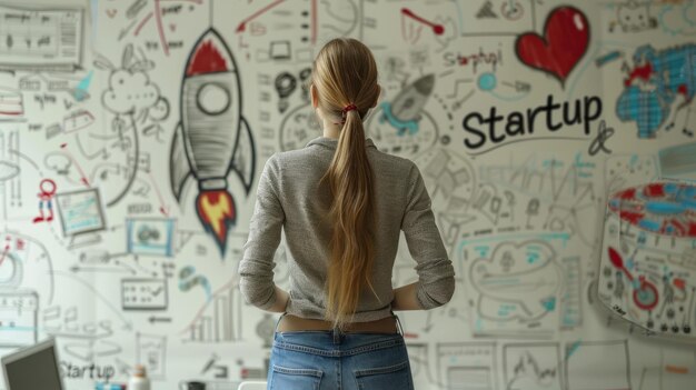 Photo woman standing in front of wall with drawings