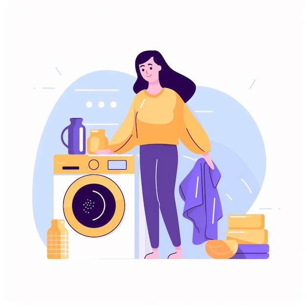 Женщина стоит перед стиральной машиной с корзиной для белья, генеративный искусственный интеллект