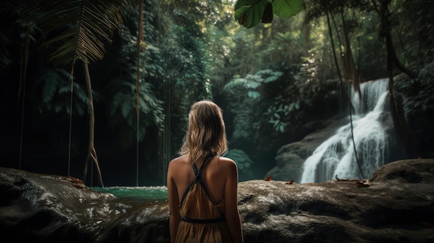 A woman standing in front of a waterfall generative AI