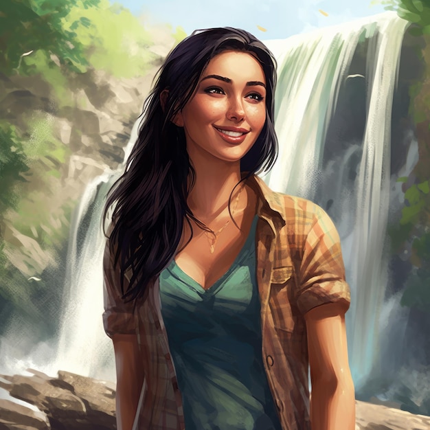 A woman standing in front of a waterfall in a green shirt