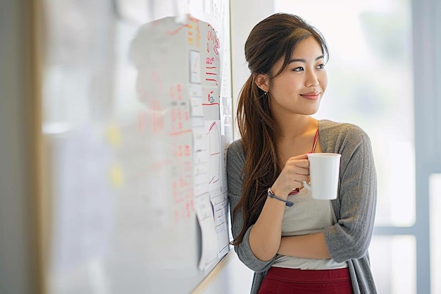 Photo a woman standing in front of a whiteboard holding a cup