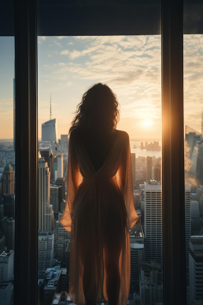 a woman standing in front of a window looking out a city