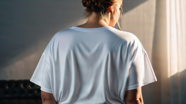 Женщина, стоящая перед окном в белой рубашке