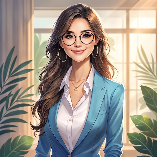 A woman standing in front of a window with plants wearing glasses and a blue blazer She has long brown hair and is smiling at the viewer