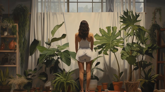 A woman standing in front of a window with plants