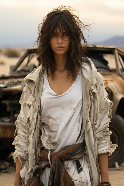 a woman standing in front of a wrecked car